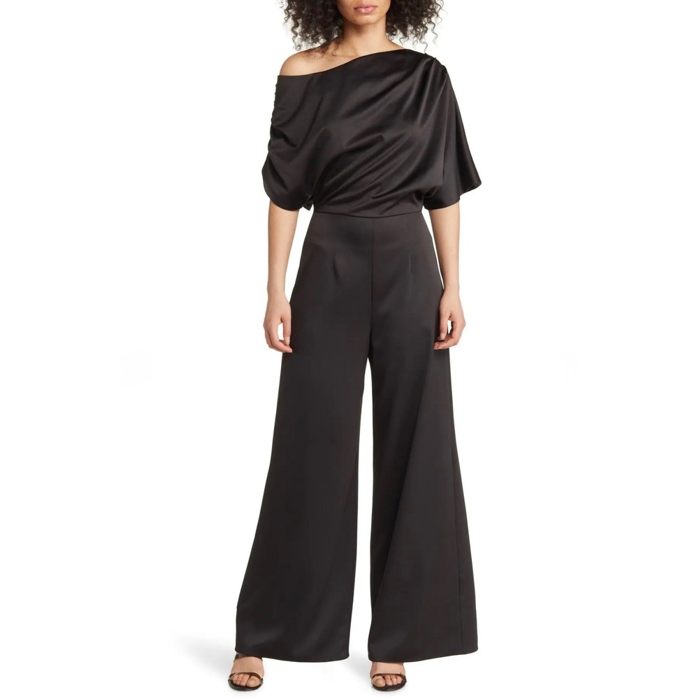 New! ELLIATT Amari Off The Shoulder Wide Leg Satin Jumpsuit‎ Black Sz Large $220